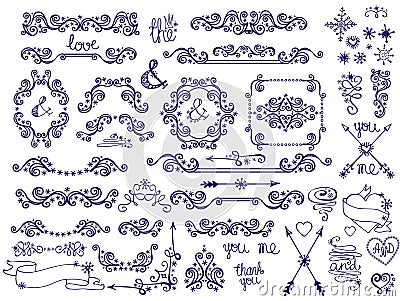 Doodle border,frame,decor ,snowflakes.Winter love Vector Illustration