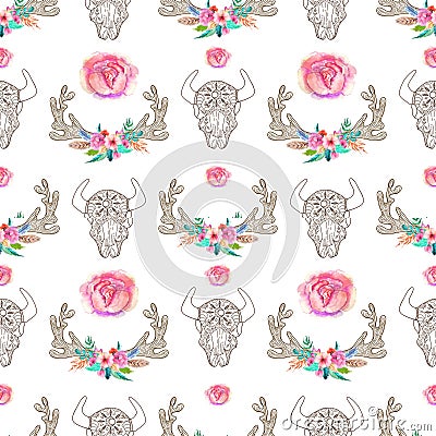 Doodle bull skull and horns with watercolor flowers and feathers Stock Photo