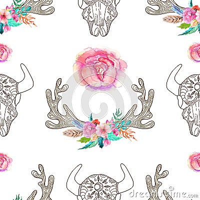 Doodle bull skull and horns with watercolor flowers and feathers Vector Illustration