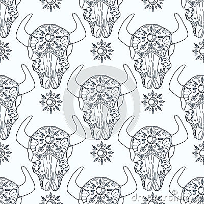 Doodle bull skull, seamless pattern Stock Photo