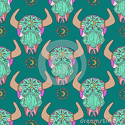 Doodle bull skull, seamless pattern Stock Photo