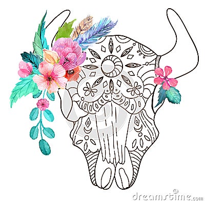 Doodle bull skull with watercolor flowers and feathers Stock Photo