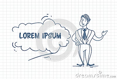 Doodle Business Man Hold Open Plam Gesture Hand Drawn Businessman Over Background With Copy Space Vector Illustration