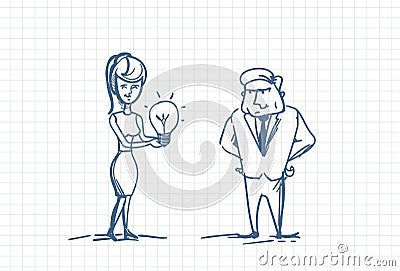Doodle Business Woman Giving Businessman Light Bulb New Idea Concept Vector Illustration