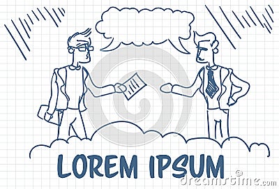 Doodle Businessmen Giving Contract Document Hand Drawn Over Background With Copy Space Vector Illustration