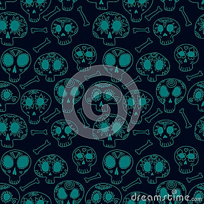 Doodle calavera sugar skulls in blue, halloween or dia de muertos seamless pattern, vector Vector Illustration