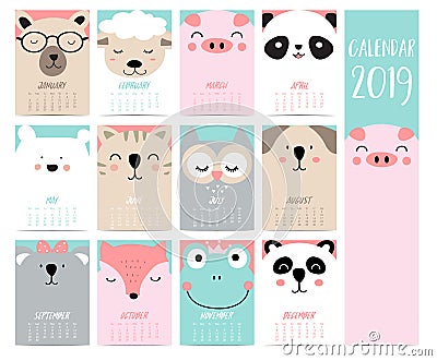 Doodle calendar set 2019 with bear,pig,panda,sheep,cat,owl,fox,fog,koala for children.Can be used for printable graphic Vector Illustration