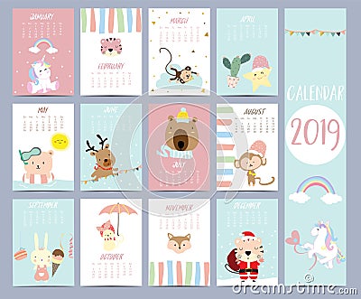 Doodle calendar set 2019 with Santa Claus,unicorn,tiger,monkey,star,cactus,bear,reindeer,rabbit for children.Can be used for Vector Illustration