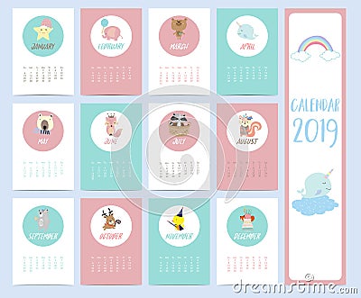 Doodle calendar set 2019 with star,elephant,bear,narwhal,skunk,squirrel,fox,reindeer,duck,cake,rainbow for children.Can be used f Vector Illustration