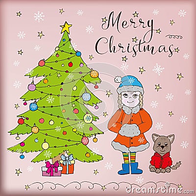 Doodle card merry Christmas tree snow girl and dog gifts Vector Illustration