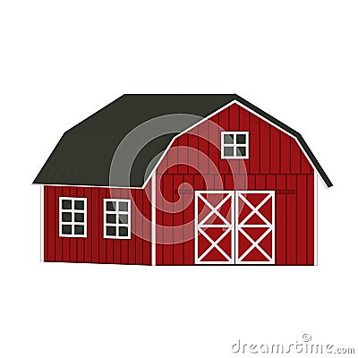 Doodle cartoon alone red wooden barn house, gray roof, windows and doors with crossed white boards. Vector Outline isolated hand Vector Illustration