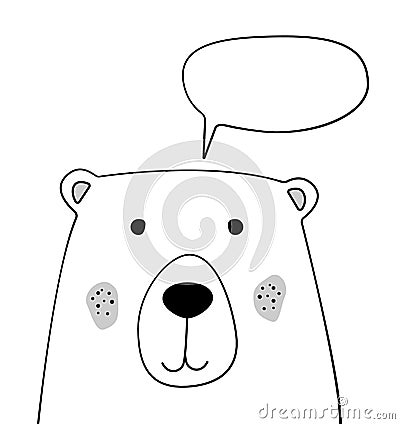 Doodle cartoon bear with chat cloud sketch illustration. Talking, dialogue. Speech bubble. Teddy bear. Wild animal. Postcard Vector Illustration