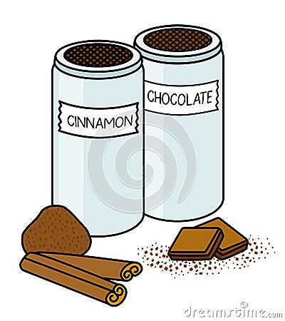 Doodle cartoon cinnamon sticks, chocolate powder. Spicy coffee dressing in a metallic jar. For menu, farmers market Vector Illustration