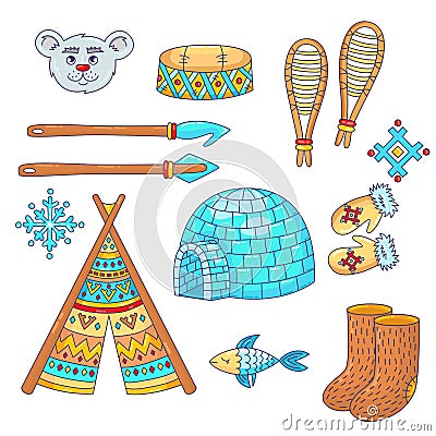 Doodle cartoon eskimo antarctica north pole icons vector set Vector Illustration