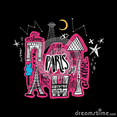 Doodle cartoon handdrawn map of Paris France, vector Cartoon Illustration