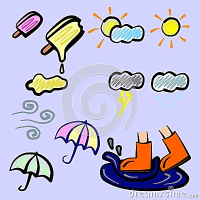 Doodle Cartoon of Ice Cream Popsicle Various Weather and Boots on Water Puddle Icon Logo Avatar Vector Illustration