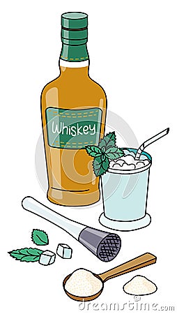 Doodle cartoon Mint Julep cocktail and ingredients composition. A bottle of Whiskey, mint leaves, sugar and muddler. For Vector Illustration