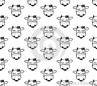 Doodle cartoon seamless pattern with cows. Vector Illustration