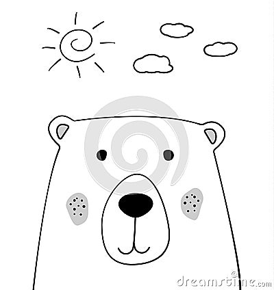 Doodle cartoon sketch bear with sun and clouds illustration. Teddy bear vector. Sky background. Wild animal. Postcard, poster Vector Illustration