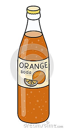 Doodle cartoon style bottle of orange soda orangeade. Refreshing soft drink, cocktail ingredient. For card, stickers Vector Illustration