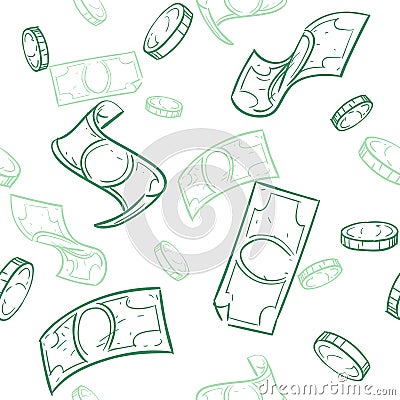 Doodle cash flow. Raining money seamless vector pattern. Falling sketch dollars background Vector Illustration