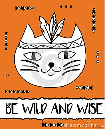 Doodle cat boho feathers headband. Modern postcard, flyer design template. Tribal, woodland greeting card Vector Illustration