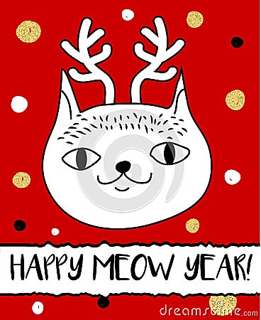 Doodle cat in Christmas deer horns headband. Modern postcard, flyer design template. Seasonal winter new year greeting card Vector Illustration