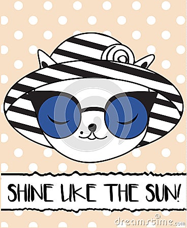 Doodle cat in fashionable summer hat and sun glasses. Vector Illustration