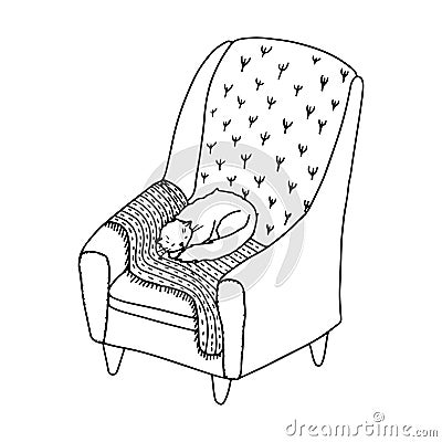Doodle cat laying on cozy chair with blanket. Outline sleepy kitty and armchair. Vector illustration for cards, print, pattern, t Cartoon Illustration