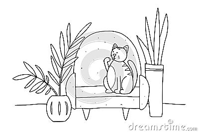 Doodle Cat washes on the couch at home Vector Illustration