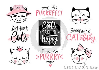 Doodle Cats illustration and kitten quotes, meow lettering. Cute vector set with funny hipster pets, fashion kitty Vector Illustration