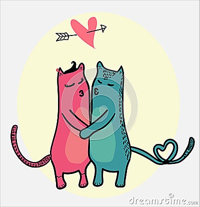 Doodle cats kissing with heart flying in love frame Vector Illustration