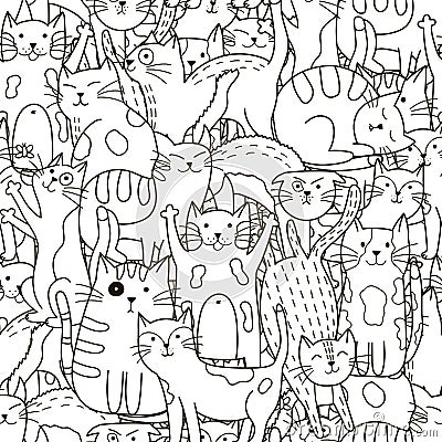 Doodle cats seamless pattern. Black and white cute cats background Vector Illustration