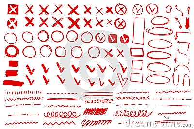 Doodle check mark and underline. Hand drawn red check tick stroke. Cross, circle arrow mark for list items yes or no Vector Illustration