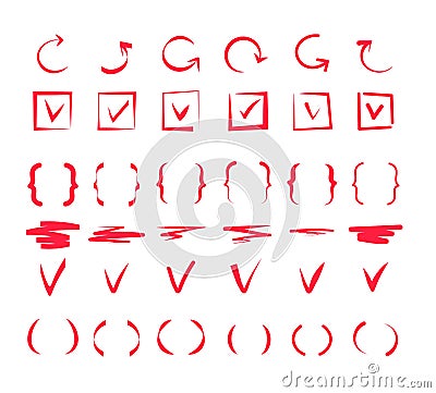 Doodle check marks. Hand drawn lines, red pen tick markings and brackets. Marker drawing scribble positive vote, ok or Vector Illustration