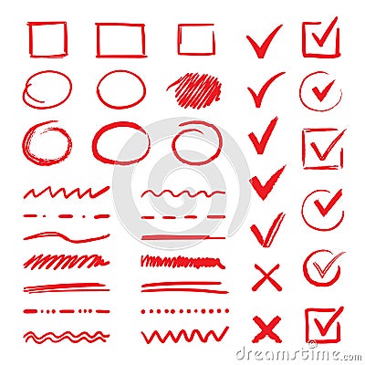 Doodle check marks and underlines. Hand drawn red strokes and pen V marks for list items. Vector marker check signs and Vector Illustration