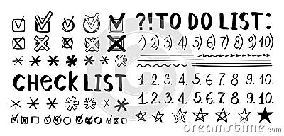 Doodle checklist, hand drawn check marks, asterisks and numbers. To do list, checkmarks outline different scribble Vector Illustration