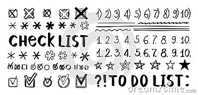 Doodle checklist, hand drawn check marks, asterisks and numbers. To do list, checkmarks outline different scribble Vector Illustration