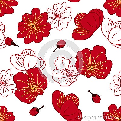 Doodle Chinese floral pattern background with plum blossom, prunus mume. Vector Illustration