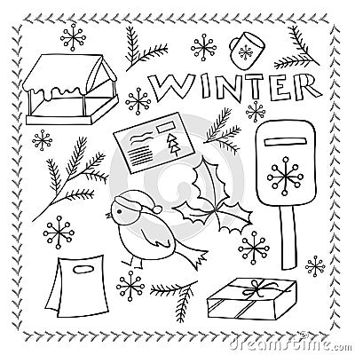 Big set of Christmas and winter elements in doodle style: bird, envelope, envelope,mailbox. Vector Illustration