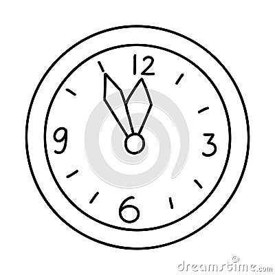 Doodle Christmas or New year clock shows five minutes to twelve. Cartoon element, vector sketch illustration, black Vector Illustration