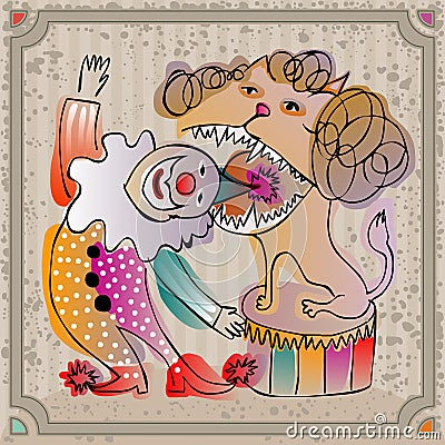 Doodle circus clown with a lion Stock Photo