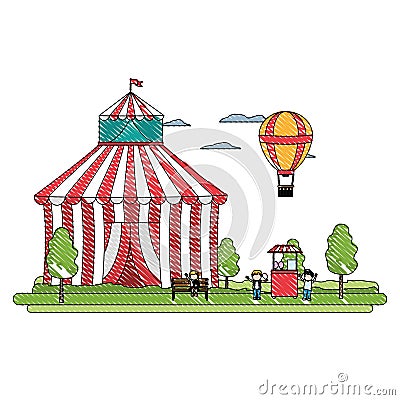 Doodle circus with shop carnival and air balloon Vector Illustration
