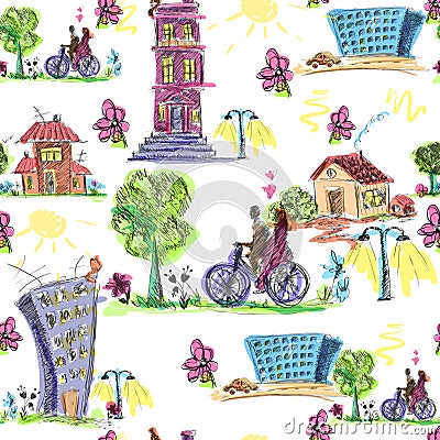 Doodle city colored seamless pattern Vector Illustration