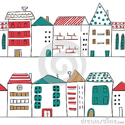 Doodle city seamless pattern. Vector Illustration