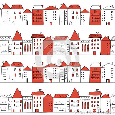 Doodle city seamless pattern in white and red colors. Vector Illustration