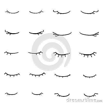 Doodle closed eyes icon set. hand drawn symbol design girl black eyelash on white background Vector Illustration