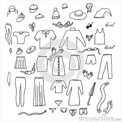 Doodle clothes set. Fashion, clothing store. Trousers, dress, tights, underwear, hats, accessories. Men's and Vector Illustration