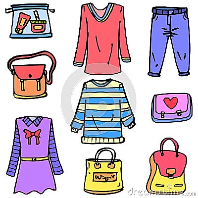 Doodle of clothes set for women Vector Illustration