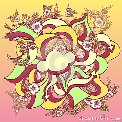 Doodle cloud bird with arrows and spring flowers Vector Illustration